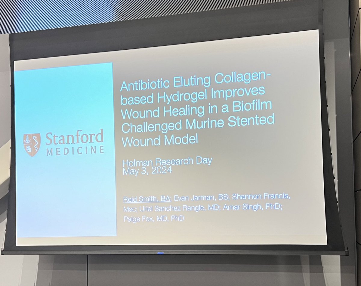 🐁Reid Smith’s research of Fox Lab unveils effectiveness of an antibiotic-eluting collagen-based hydrogel in accelerating wound closure and reducing inflammation in infected, stented murine wounds. Promising implications for combating antibiotic-resistant biofilms. #Holman24