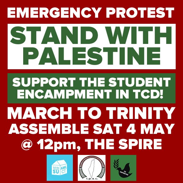 📢🇵🇸 Trinity students have joined the global campus uprising! They have set up an encampment for Palestine, demanding TCD cut ties with apartheid Israel. We have called a march tomorrow in support. Join us! Join them! <a href="/tcdsu/">Trinity College Dublin Students' Union 🌈🇵🇸</a> <a href="/TrinityBDS/">Trinity BDS Campaign 🇵🇸</a>
 #FreePalestine #BDS #GazaGenocide 🇵🇸📢