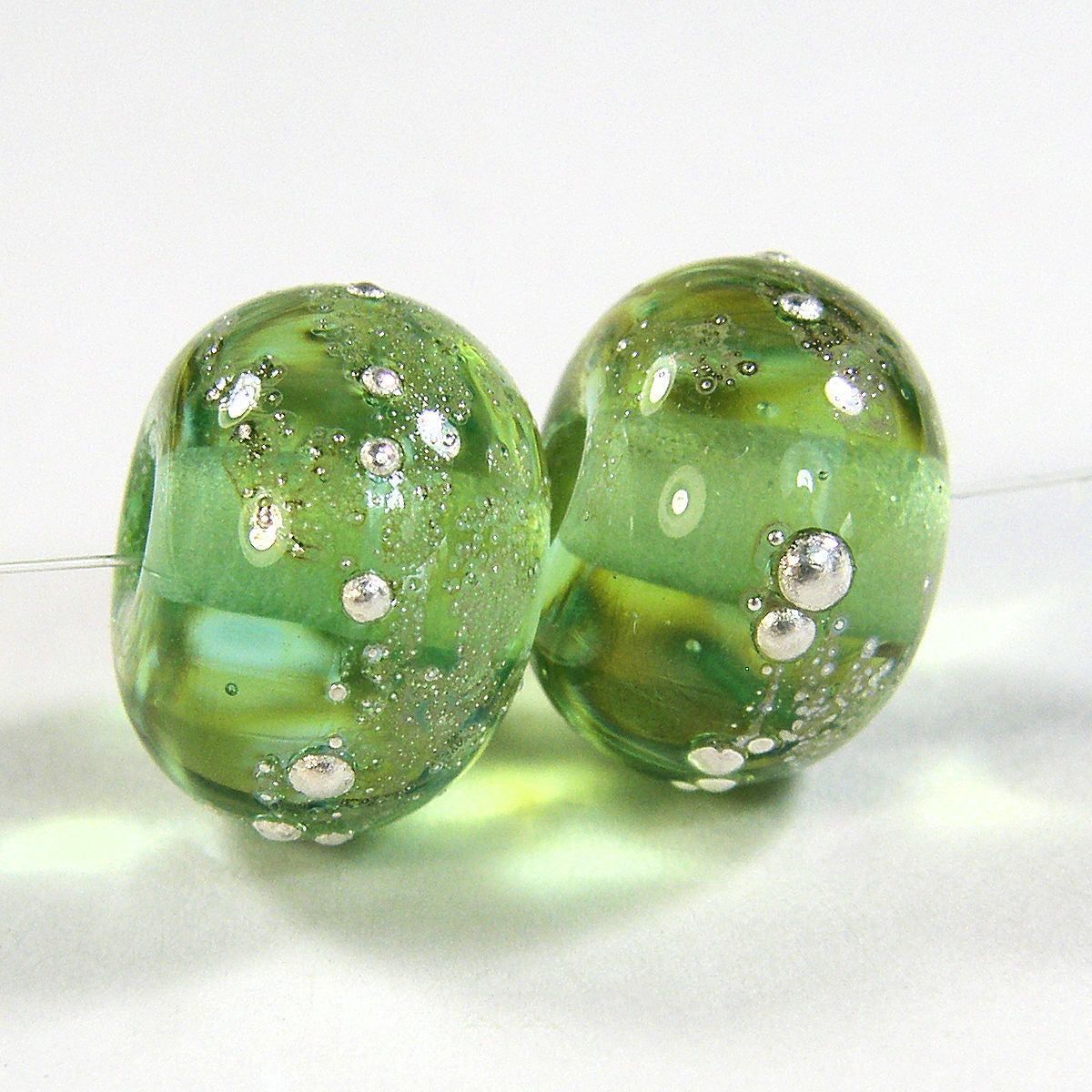 Handmade Lampwork Glass Beads, Pale Emerald Green Starlight Silver Shiny buff.ly/3xVru3o