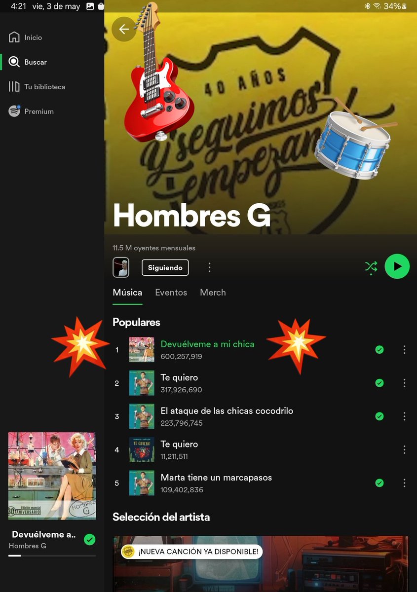 DIDiegoCL's tweet photo. "Devuélveme a mi chica" pasa las 600 millones de reproducciones en @Spotify
@HombresG
@DavidSummersHG 
@JaviMolinaHG 
@rafahg 
@Dani_Mezquita 
Saludos!! https://t.co/4OSpfojmbp