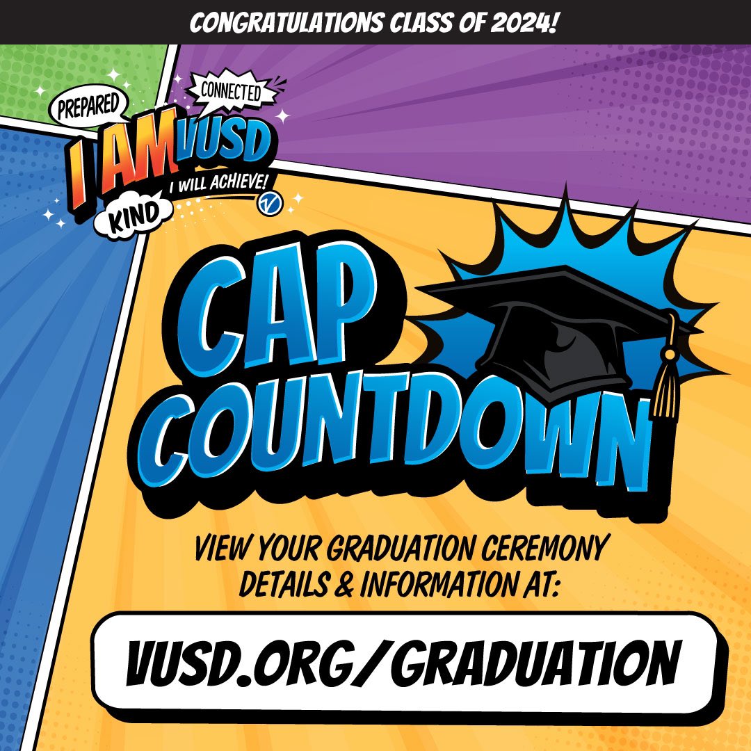 The Cap Countdown is on and we are excited to launch our new Graduation Page: vusd.org/graduation. Get all the info you need for this year's ceremonies in one place. Let's celebrate together! 🎓 #IamVUSD #ClassOf2024