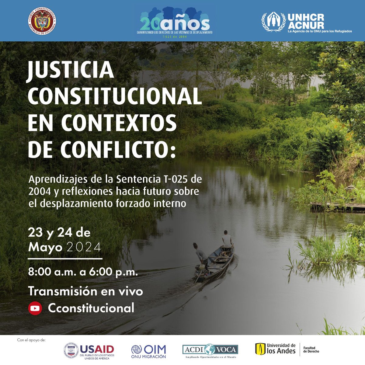 Con la conferencia “Justicia Constitucional en Contextos de Conflicto: aprendizajes de la Sentencia T-025 de 2004 y reflexiones hacia futuro sobre el desplazamiento forzado interno”, la Corte y Acnur Colombia rememoran los 20 años desde que fue proferida la Sentencia.