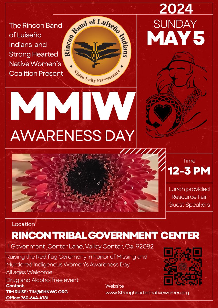 Join us at the Rincon Tribal Government Building for the Raising of the Red flag Ceremony in honor of Missing and Murdered Indigenous Women's Awareness Day on Sunday, May 5, 12-3 pm. #sdso #valleycenter #MMIW