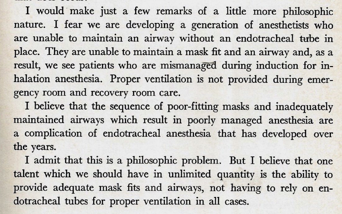 75 years ago an anesthesiologist could hold a tight fitting mask for several hours (either hand). William Hamilton thought this skill was lost after tracheal intubations became popular in the 1940s (see text from his 1970 lecture). Did the LMA (1983) accelerate the problem?