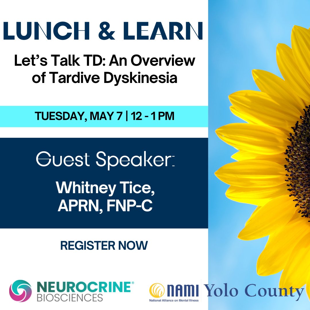 🌻 NAMI Yolo County will be hosting a Lunch and Learn Webinar for Tardive Dyskinesia (TD) Awareness Week next Tuesday, May 7th from 12 - 1pm via Zoom.

Register today at: us06web.zoom.us/meeting/regist…

#TDAwarenessWeek #LunchandLearn #Webinar #NAMIYoloCounty #NeurocrineBiosciences