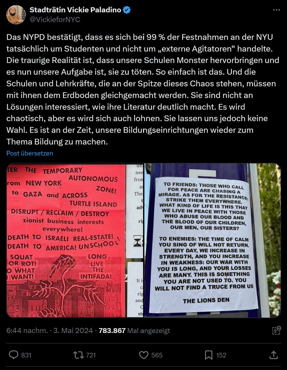 @kaiwegner @polizeiberlin @HumboldtUni Nur eine Frage der Zeit, bis @kaiwegner die Tötung der Studenten an deutschen Universitäten fordert, wie die
Stadträtin von NYC Vickie Paladino dies tut.
twitter.com/VickieforNYC/s…