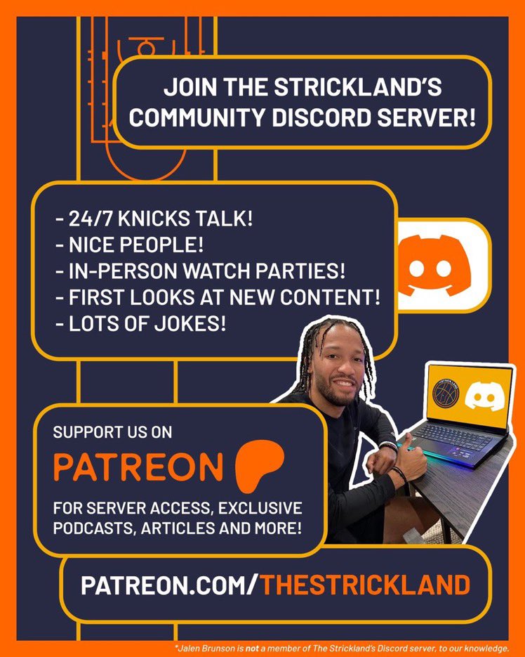 Still reeling from yesterday’s win? Your partner tired of hearing about Jalen Brunson’s assist percentage? 

Join our Discord server, where there’s ALWAYS someone to talk Knicks with. 

Join the conversation by subscribing to our Patreon! We’ll see you soon. 

Link below. ⬇️