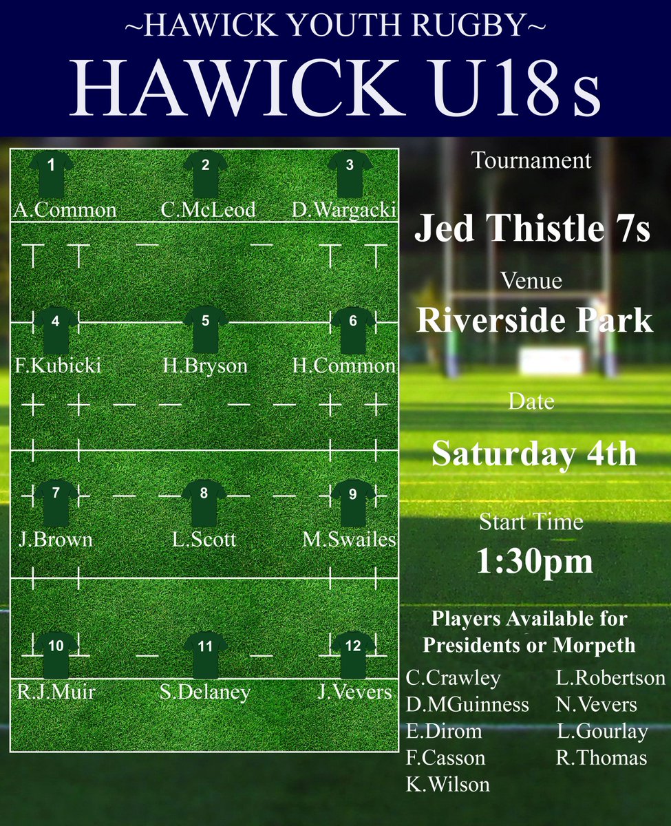 Riverside Park Jedburgh tomorrow for the Thistle 7s. Go well lads 💪🏉💚 @HawickU18s @LangholmRugby #HawickYouthRugby #BIHB #AONR