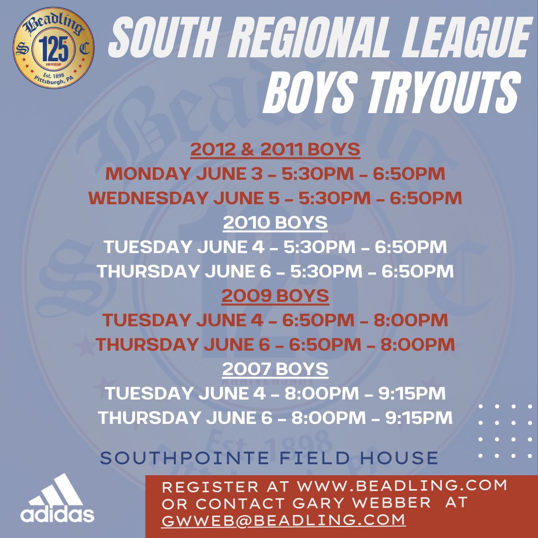 2024/25 South tryout schedule is here! You can register for tryouts at Beadling.com. We look forward to seeing you there! #WearTheB