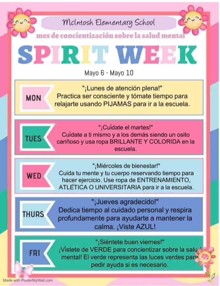 Next week!  Don’t forget!
Monday - Pajamas 
Tuesday - Bright and Colorful 
Wednesday - Athletic, Workout, or College
Thursday - Blue
Friday - Green 
#McIntoshScotties #ALLIN #SpiritWeek
