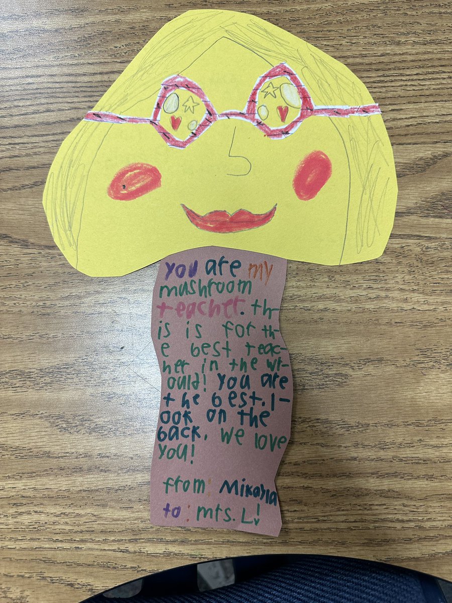 mrslsecondgrade's tweet photo. Had a great lunch bunch with these kiddos.  They chose to spend their hard earned money (class money) on eating lunch with me.  Then I find this on my desk at the end of the day!  My heart is full!  By the way… what is a “mushroom teacher”?  😂
#minshewcolts1 
#myMISD https://t.co/qGyOpfSnaU