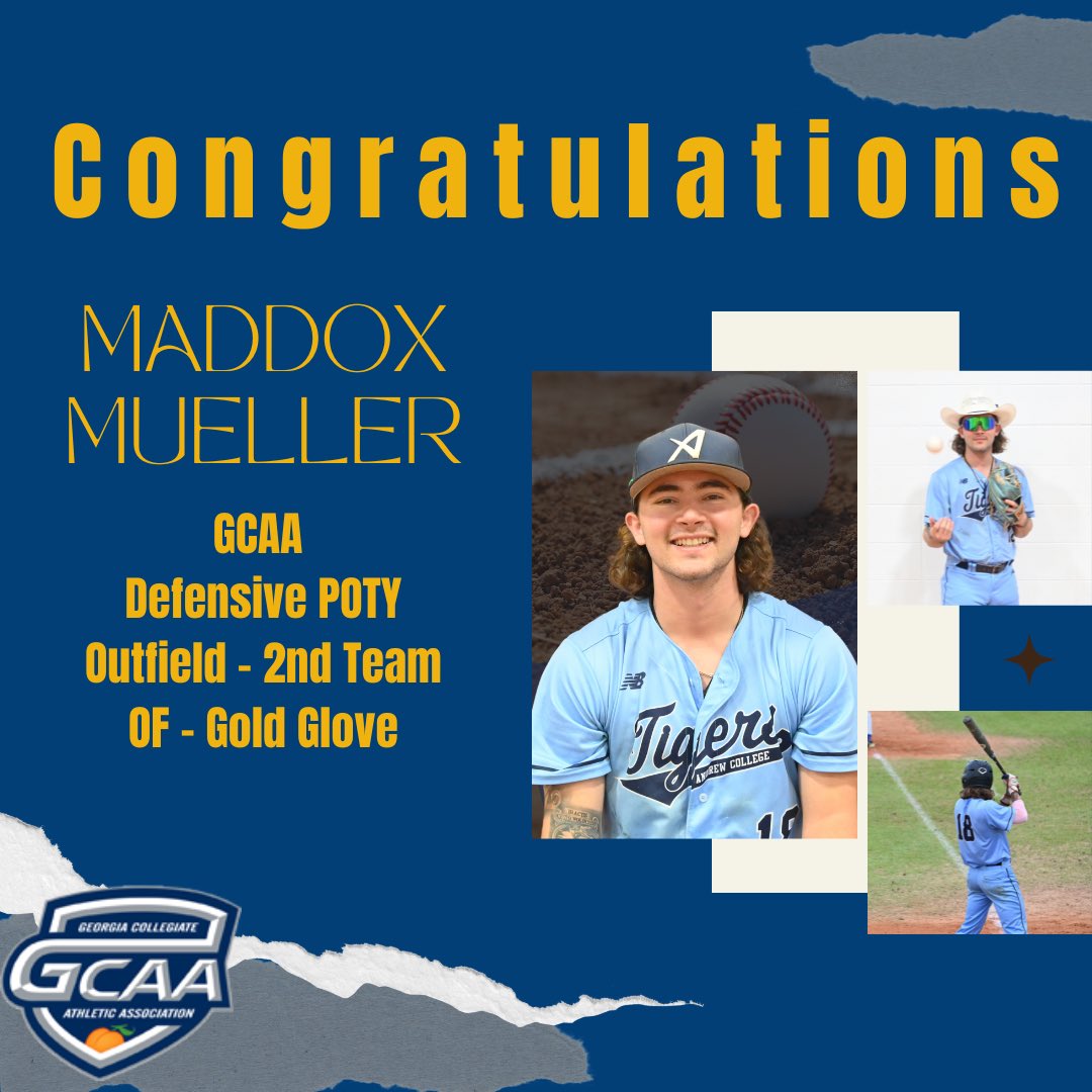 Andrew College Baseball (@andrewtigersbsb) on Twitter photo Congratulations to sophomore centerfielder Maddox Mueller being named 2nd team All GCAA. He also was placed on the gold glove team for his defensive play.
With his stellar defensive showing all season Maddox was named the defensive player of the year for the GCAA.
<a href="/mdmueller5/">Maddox Mueller</a> Congratulations to sophomore centerfielder Maddox Mueller being named 2nd team All GCAA. He also was placed on the gold glove team for his defensive play.
With his stellar defensive showing all season Maddox was named the defensive player of the year for the GCAA.
<a href="/mdmueller5/">Maddox Mueller</a>
