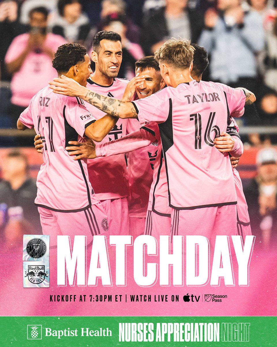 IT’S GAME DAY! 📣 Let's honor our healthcare heroes during Nurse Appreciation Night 🩺 @BaptistHealthSF 💫 #MIAvNYRB | 7:30PM ET | 📺 #MLSSeasonPass on @AppleTV: intermiamicf.co/MIAvNYRBstream