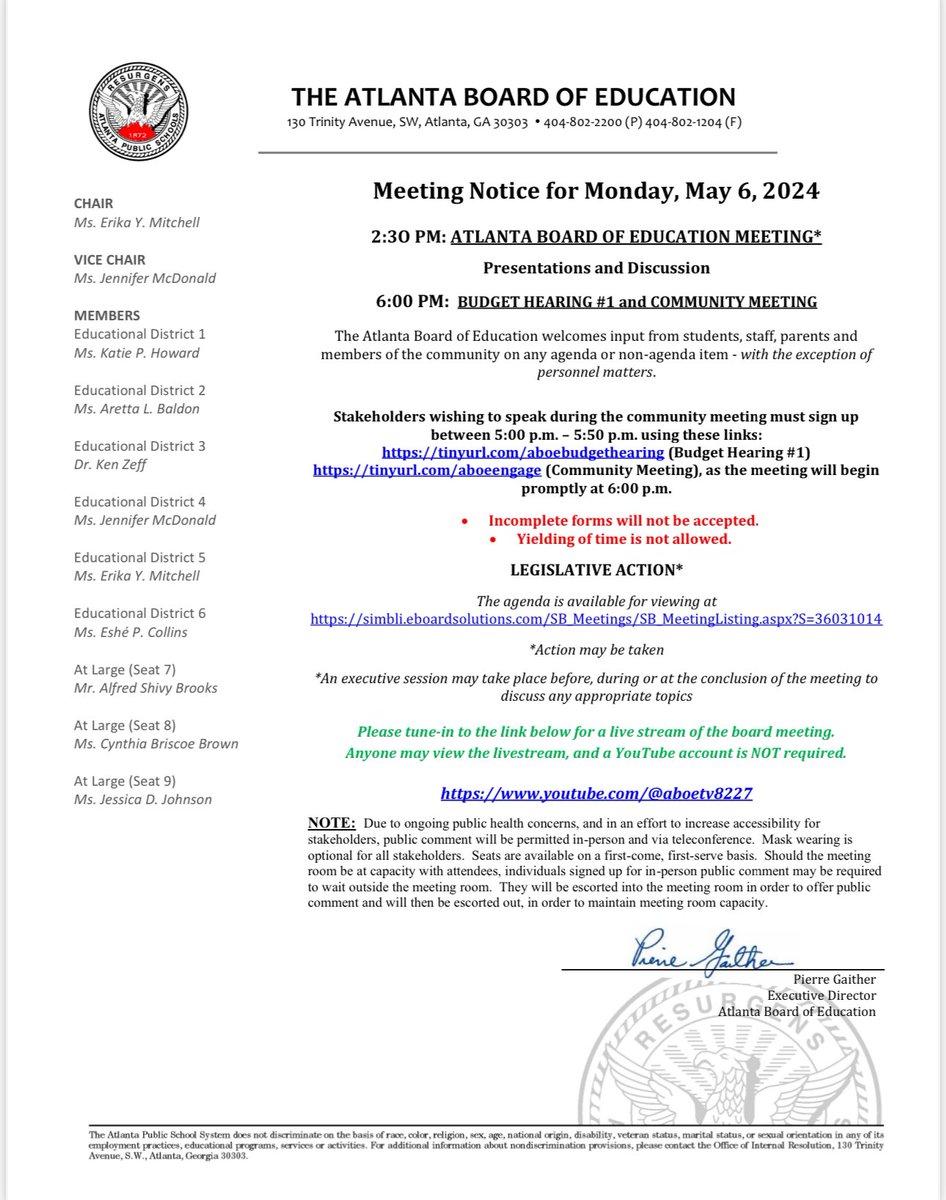 Board Meeting and Budget Hearing #1| Monday, May 6, 2024| Center for Learning and Leadership (130 Trinity Avenue, Atlanta, Georgia 30303)| 2:30 PM