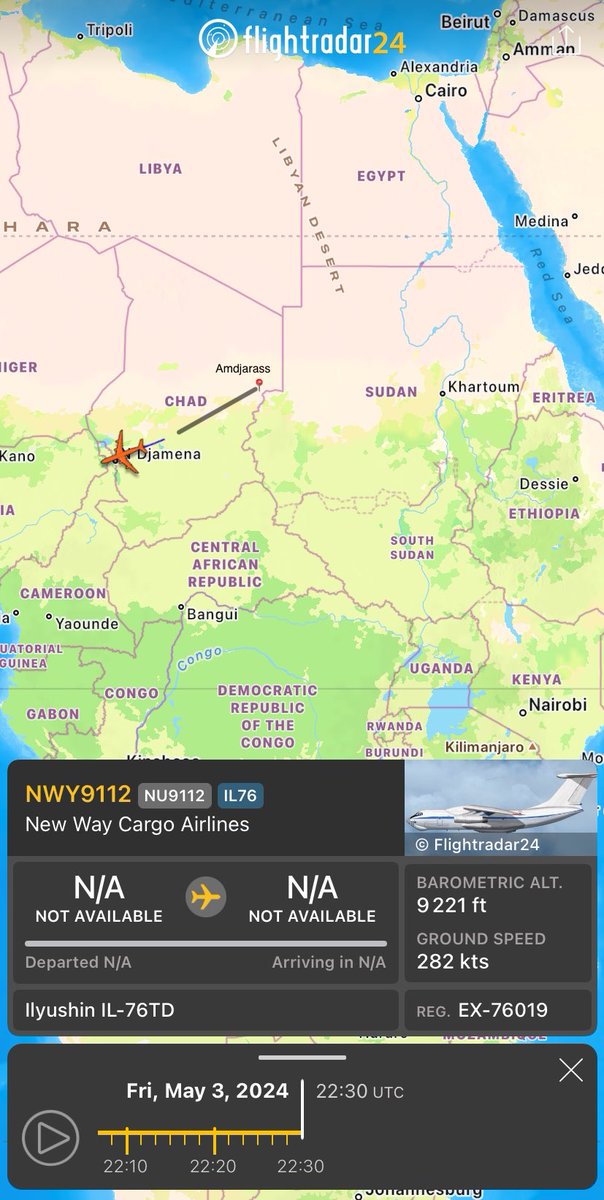 & the second Emirati-chartered Il-76 (EX-76019) just landed in N'Djamena, Chad after a stop in Amdjarass, Sudan's gate.