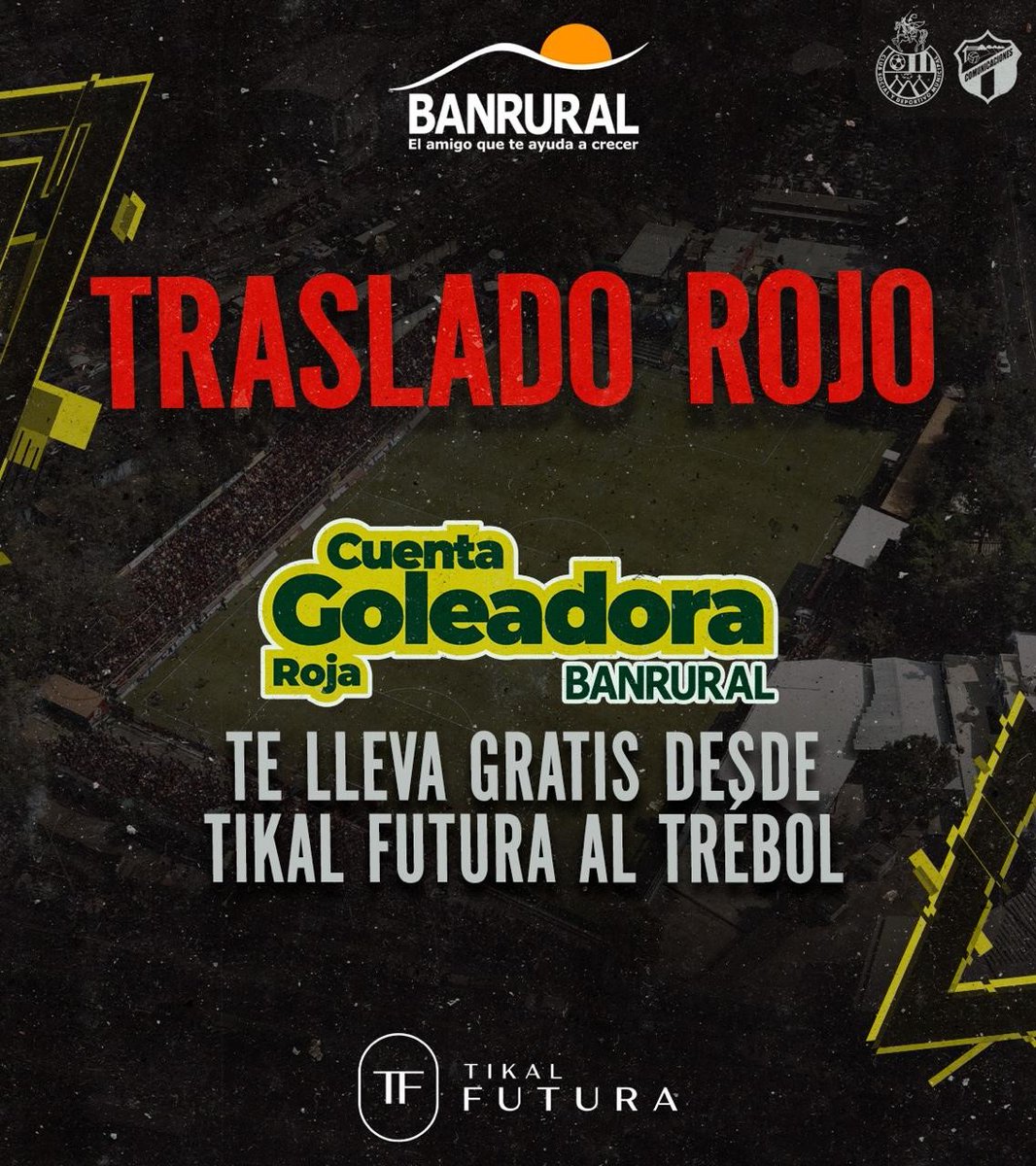 ¡El domingo tendremos traslado gratis al Estadio El Trébol! Los buses te estarán esperando en el CC Tikal Futura. 🚗 Gracias a la #CuentaGoleadoraRoja de #Banrural, juntos alentaremos a los @Rojos_Municipal, que van en busca de la clasificación. #FútbolBanrural