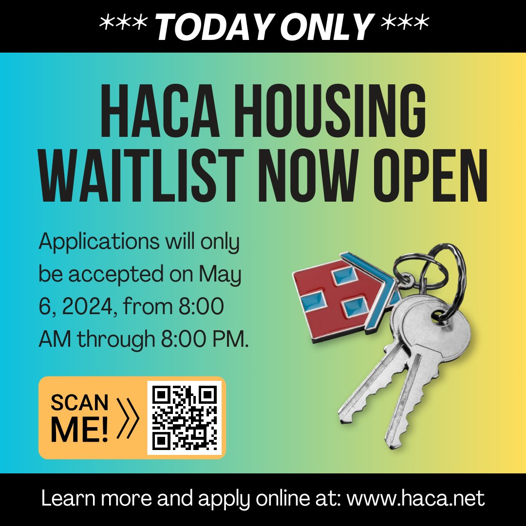 TODAY ONLY: The Housing Authority of the County of Alameda is providing a 1-day extension to its waitlist opening for the Housing Choice Voucher program and HACA-Owned Project Based 3- and 4-bedroom units. List closes at 8 PM! Visit haca.net for more info.