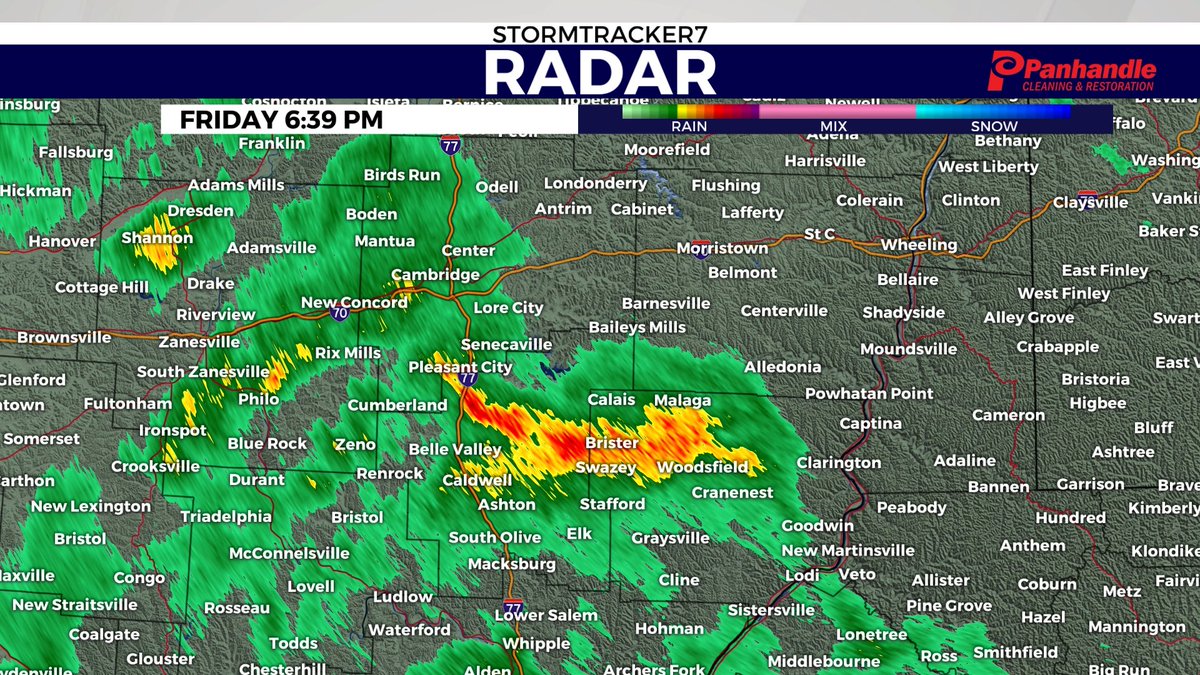 Swath of showers that are moving into Monroe, Noble, and Guernsey County feature light to moderate pockets of precip.