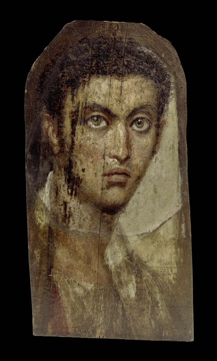 Mummy portrait of a man from Hawara, Faiyum, c. 75-100 A.D.
Wood, wax and pigment (encaustic), 43.5 x 23 x 2 cm
National Museums of Berlin, Egyptian Museum and Papyrus Collection. ÄM 19722