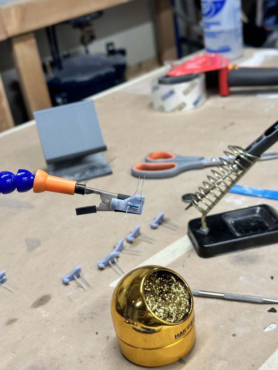 redbowprops's tweet photo. How a #propmaker parties on Friday: soldering 😂 Putting together some #BobaFett range finder modules! #starwars #mandalorian #replica https://t.co/5H37fMc9TU