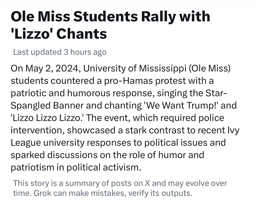 So Twitter’s “Grok” AI took the disgusting incident at Ole Miss, omitted that students were harassing a black student, and characterized it as “patriotic and humorous.” In case you wanted to see where things are heading.