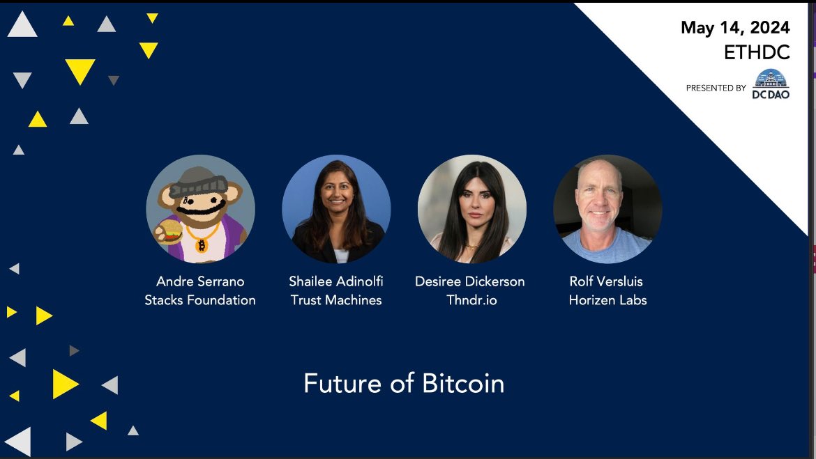 Future of Bitcoin is bright, and this crew will have a lot to discuss on May 14th in DC. @andrerserrano @dickerson_des @trustmachinesco @HorizenLabs @Stacks @THNDRGAMES EthDC.xyz