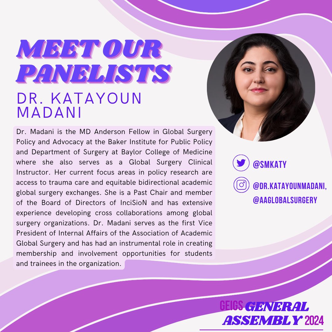 Gender Equity Initiative in Global Surgery (@gendereqsurg) on Twitter photo Catch Katayoun Madani <a href="/smkaty/">Katayoun S Madani MD MS FICS(Jr)</a>, VP Internal Affairs <a href="/aaglobalsurgery/">Association of Academic Global Surgery</a> and Global Surgery Policy expert from @BCMEduGlobalSurg at #GEIGSGA2024! 🌐 Don't miss her perspective on advancing #GlobalSurgery while preventing duplicate efforts.
Register now: forms.gle/cQ9G8dLQ9Fi9XM… Catch Katayoun Madani <a href="/smkaty/">Katayoun S Madani MD MS FICS(Jr)</a>, VP Internal Affairs <a href="/aaglobalsurgery/">Association of Academic Global Surgery</a> and Global Surgery Policy expert from @BCMEduGlobalSurg at #GEIGSGA2024! 🌐 Don't miss her perspective on advancing #GlobalSurgery while preventing duplicate efforts.
Register now: forms.gle/cQ9G8dLQ9Fi9XM…