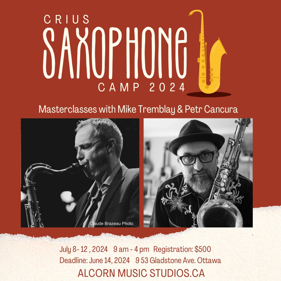 Masterclasses with Mike Tremblay and Petr Cancura at this year’s sax camp! 

alcornmusicstudios.ca/crius-saxophon…

#music #sax #saxophone #saxquartet #criussax #Ottawa #AlcornMusic #growingmusicians