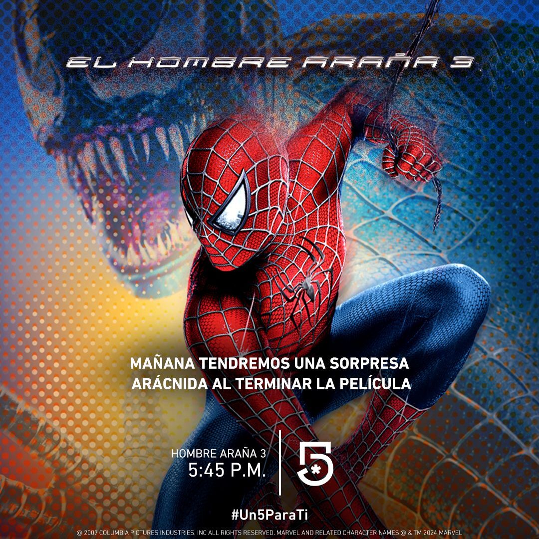 El hombre araña tiene una sorpresa para ti 🕷🕸 Mañana al terminar la película esta al pendiente de nuestras redes 😎 'El hombre araña 3' a las 5:45 p. m. MEX por #El5 🍿 #CineConEl5