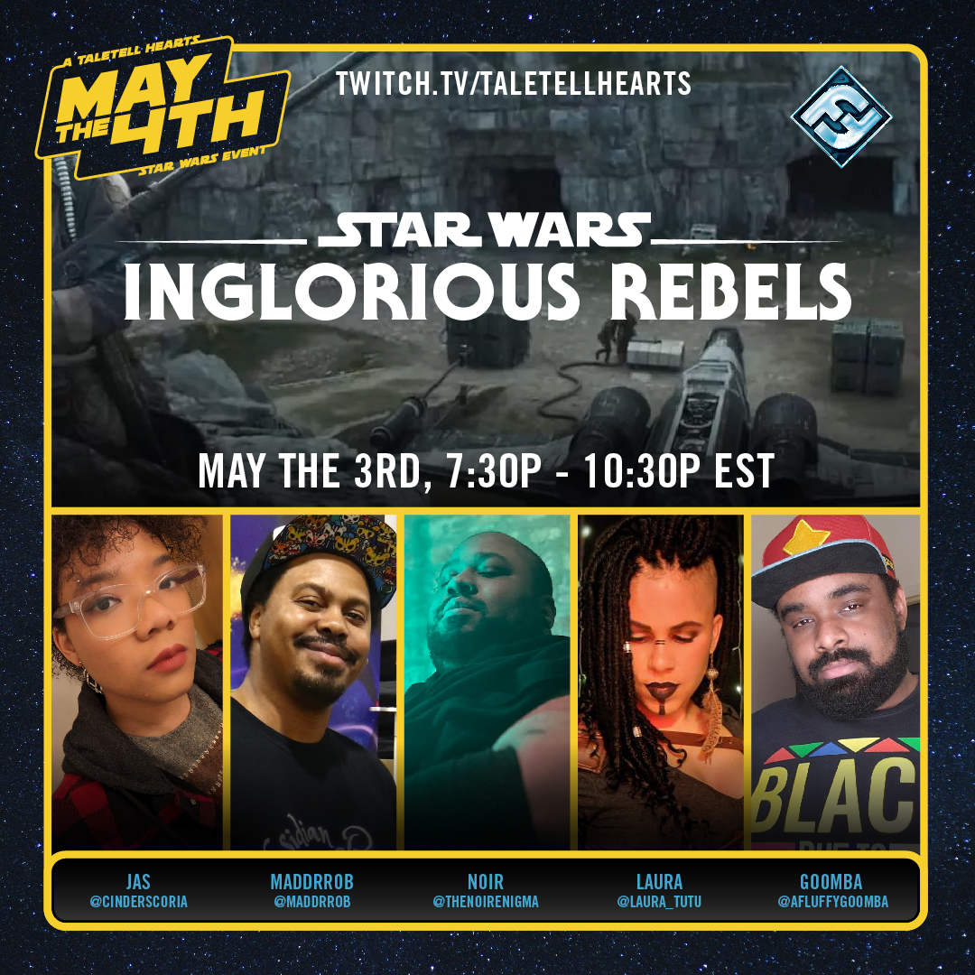 To kick us off, @TheNoirEnigma will host our first game, which also features one of our lead organizers: @AFluffyGoomba ! The rest of our players include @CinderScoria @MadDrRob , and @Laura_Tutu The game begins at 7:30PM EST on our twitch. #Maythe4thBeWithYou #BIPOCGalaxy