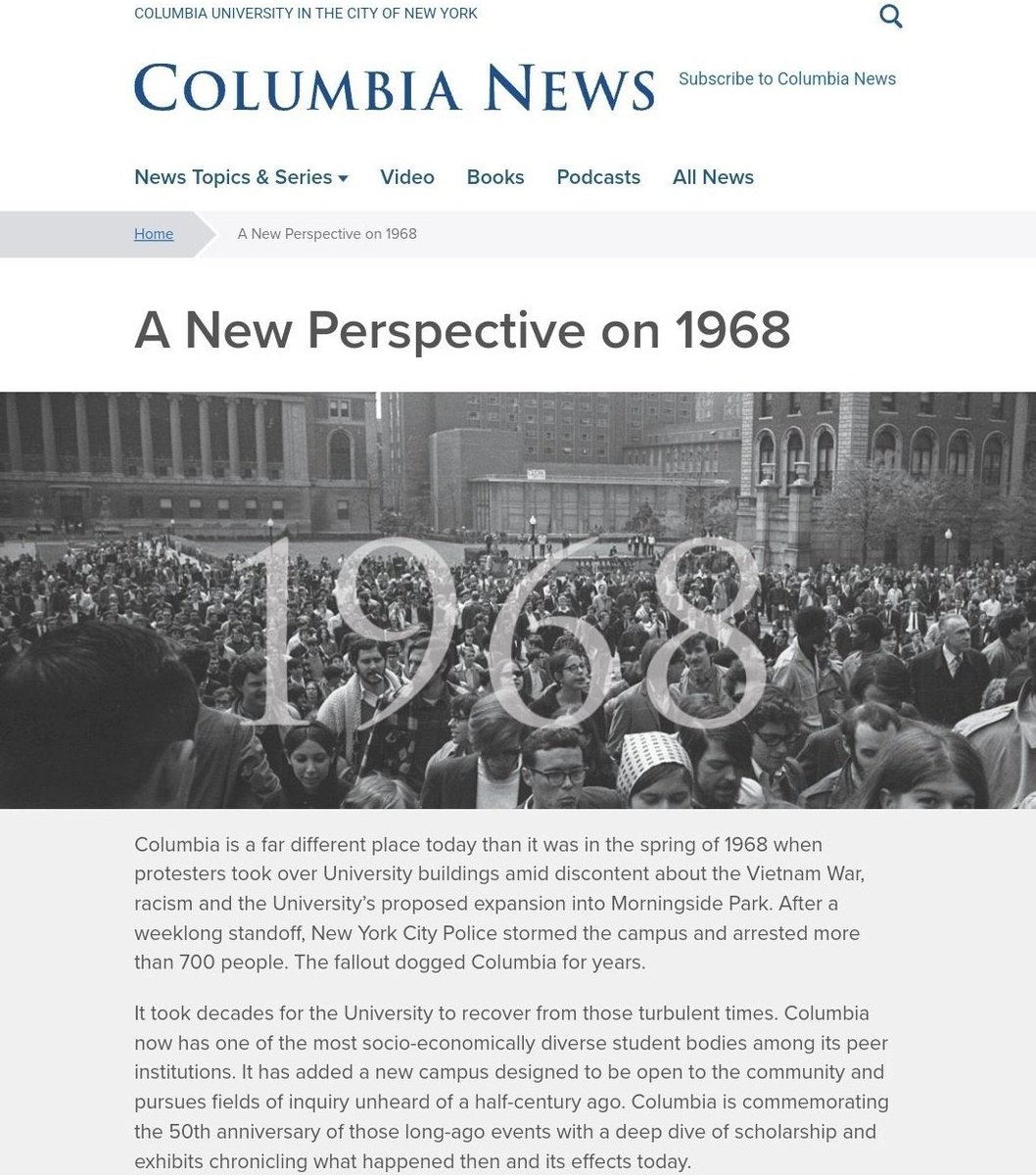 Reminder that Columbia University's own website has a page about how they were on the wrong side of history in 1968 when they called for the mass arrests of students protesting against the US war on Vietnam.
