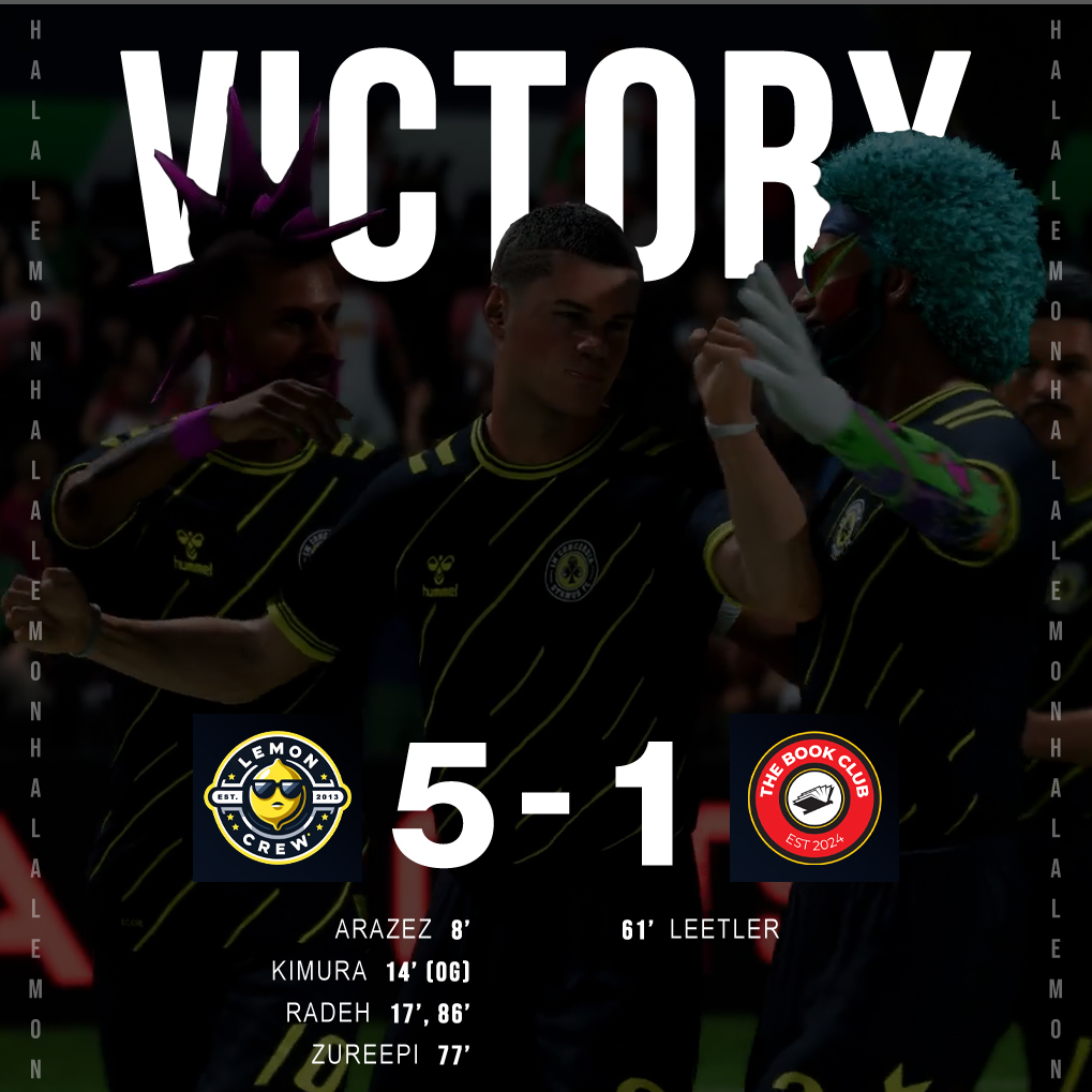 LemonCrewFC's tweet photo. 🎉 Full-time: #LemonCrewFC 5-1 @TheBookClubFC

A 5-1 thrashing rockets us up to 3rd in the @UKProClubs Premier League. 🚀⚽

#LCFC #HalaLemon 🍋💥 https://t.co/2YWGwHEpnp