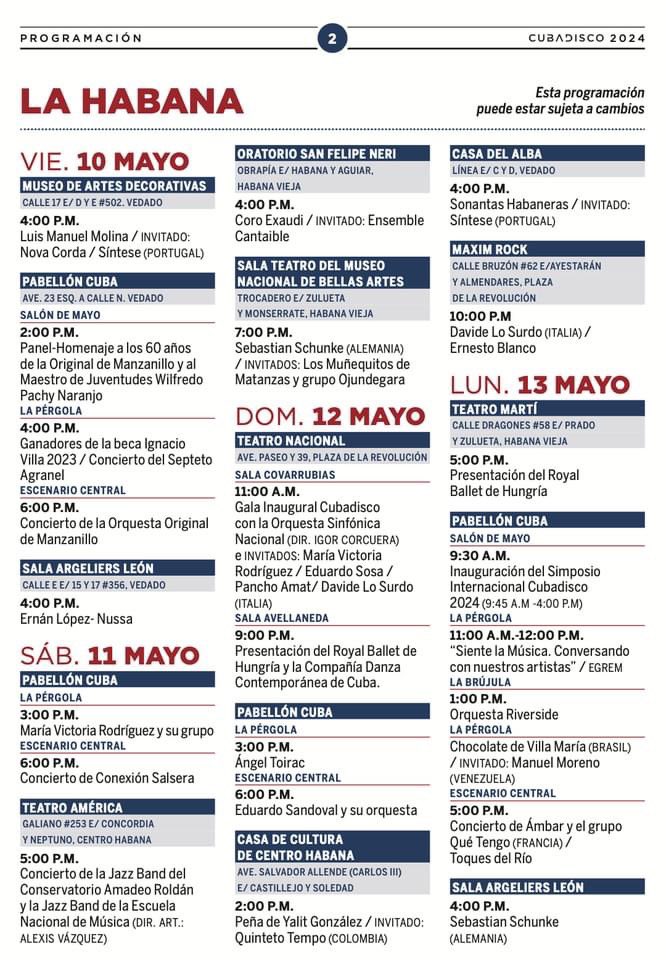 LaPapeletaCuba's tweet photo. Programa general CUBADISCO 2024🎶💿🎼. Este año estará dedicado a la música campesina.
#lapapeletacuba11años #CubaEsCultura #LaPapeletaCuba #culturacubana #cubadisco2024 #musicacubana 
@CubarteES @AlmaMater_Rev https://t.co/WqojlqnA8c
