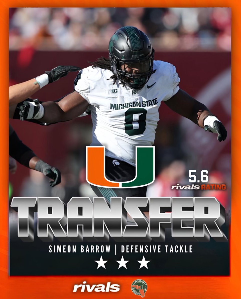 Michigan State transfer DT Simeon Barrow Jr. commits to Miami. Miami lands its fifth transfer in six days. 'It was a family environment. They got something special going on there, and I can see it.' @canes_county | @RivalsPortal miami.rivals.com/news/michigan-…