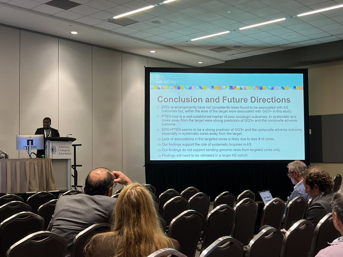 Schaufeld scholar Lade Dairo presenting #AUA24 podium on study on ERG rearrangement & PTEN loss in MRI visible vs invisible prostate bx lesions and association with grade reclassification outcomes in a Johns Hopkins AS cohort @ClaireDlc @LotanLab @cpavmd @brady_urology @JHUPath