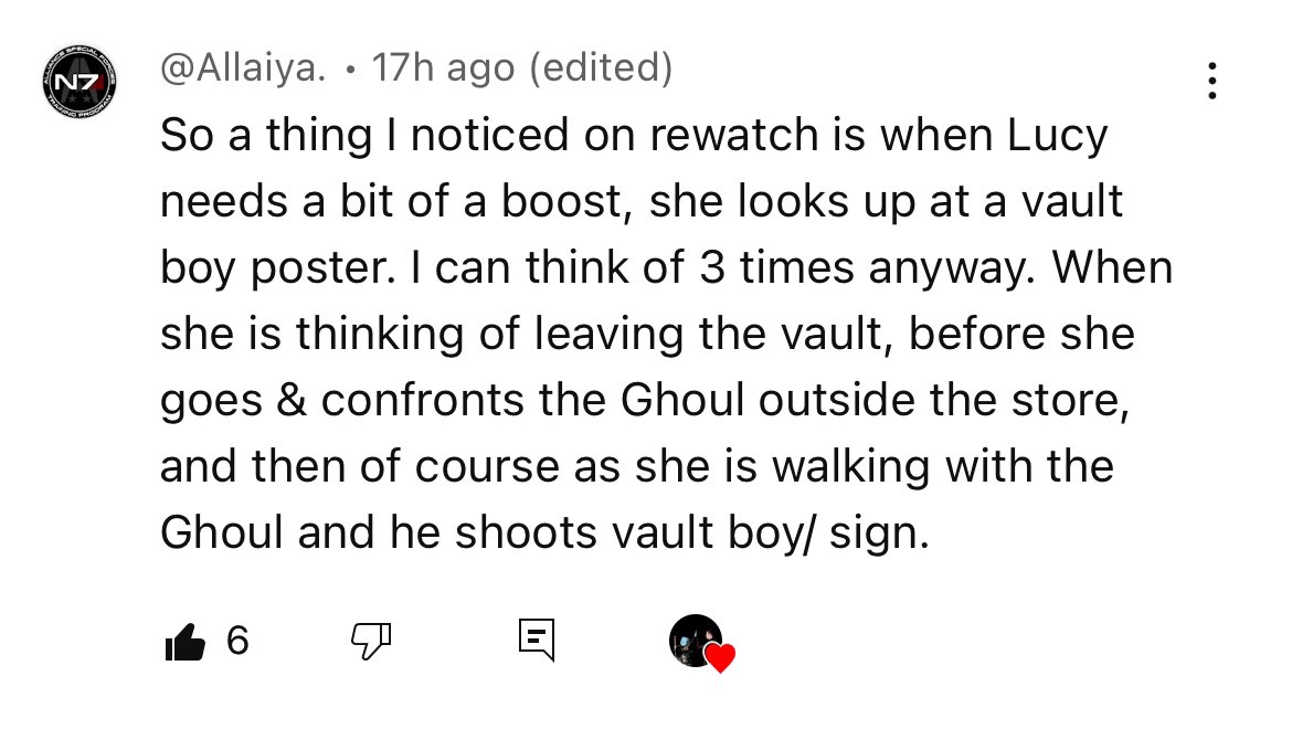 i received this comment on my ghoulcy video & i love it because it’s true that vault boy means something special to lucy & is a safe space for her, & vault boy is a personification of cooper howard. lucy isn’t just an unknowing fan of the ghoul because he used to be a movie star.