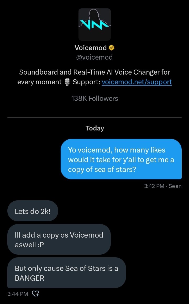 Y'all I NEED 2k likes to get #SeaOfStars and #Voicemod from @voicemod Please like and retweet!!!!!!!!!!