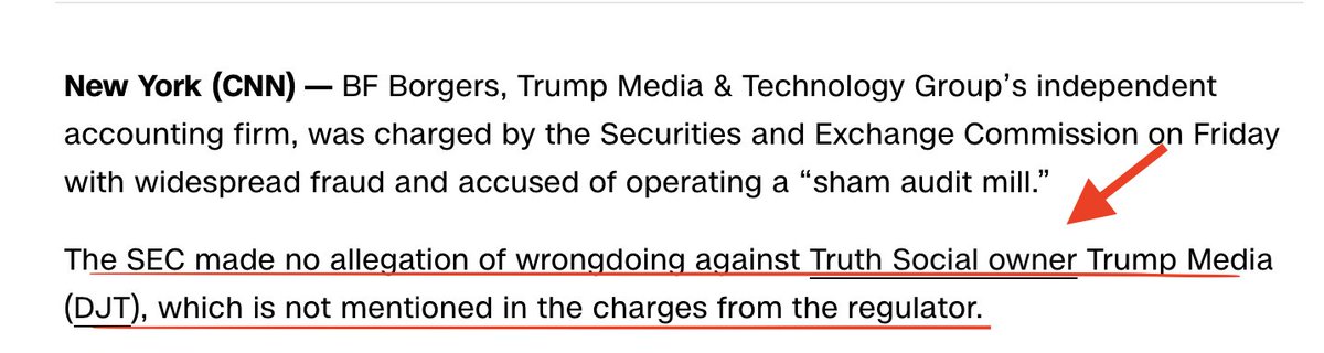 This is just lazy. For those who don't read past the clickbait propaganda headlines, here's the first 2 sentences of that piece: 'The SEC made no allegation of wrongdoing against Truth Social owner Trump Media (DJT), which is not mentioned in the charges from the regulator.'