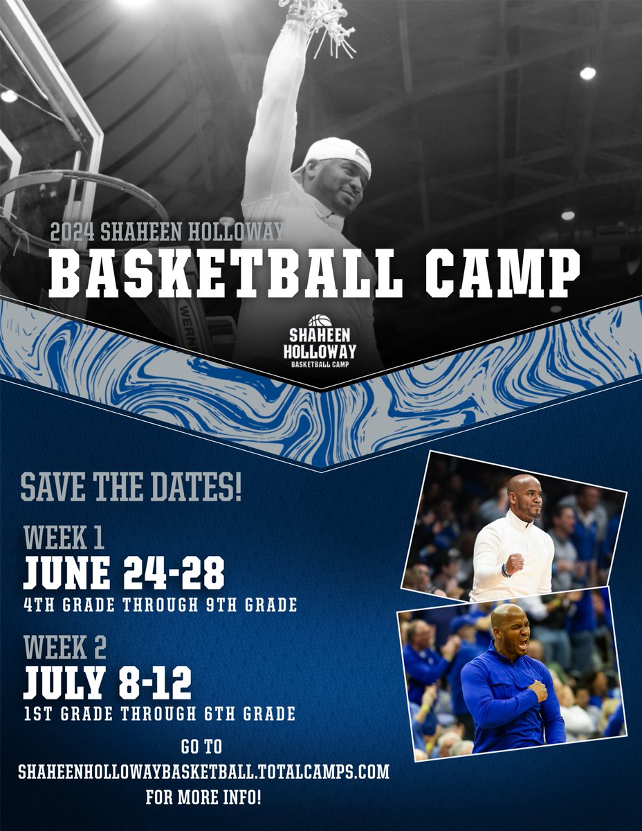 SHAHEEN HOLLOWAY BASKETBALL CAMP • SEASON 3!!

First session runs from June 24-28,  second session from July 8-12. Limited spots available to boys &amp; girls this year due to construction. Registration is LIVE ➡️ …heenhollowaybasketball.totalcamps.com/About%20Us

#HALLin 🔵⚪️ | <a href="/CoachSha10/">Shaheen Holloway</a>