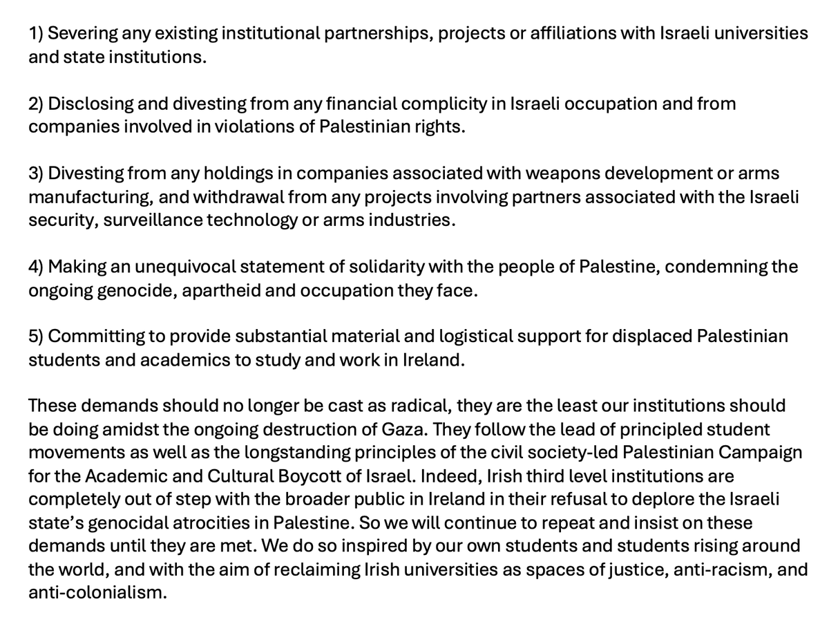 Academics for Palestine statement in support of TCD student encampment Students around the world are justifiably seeking to hold academic institutions to account for their silence & complicity with the ongoing genocide in Gaza. We admire their courage and support their demands.