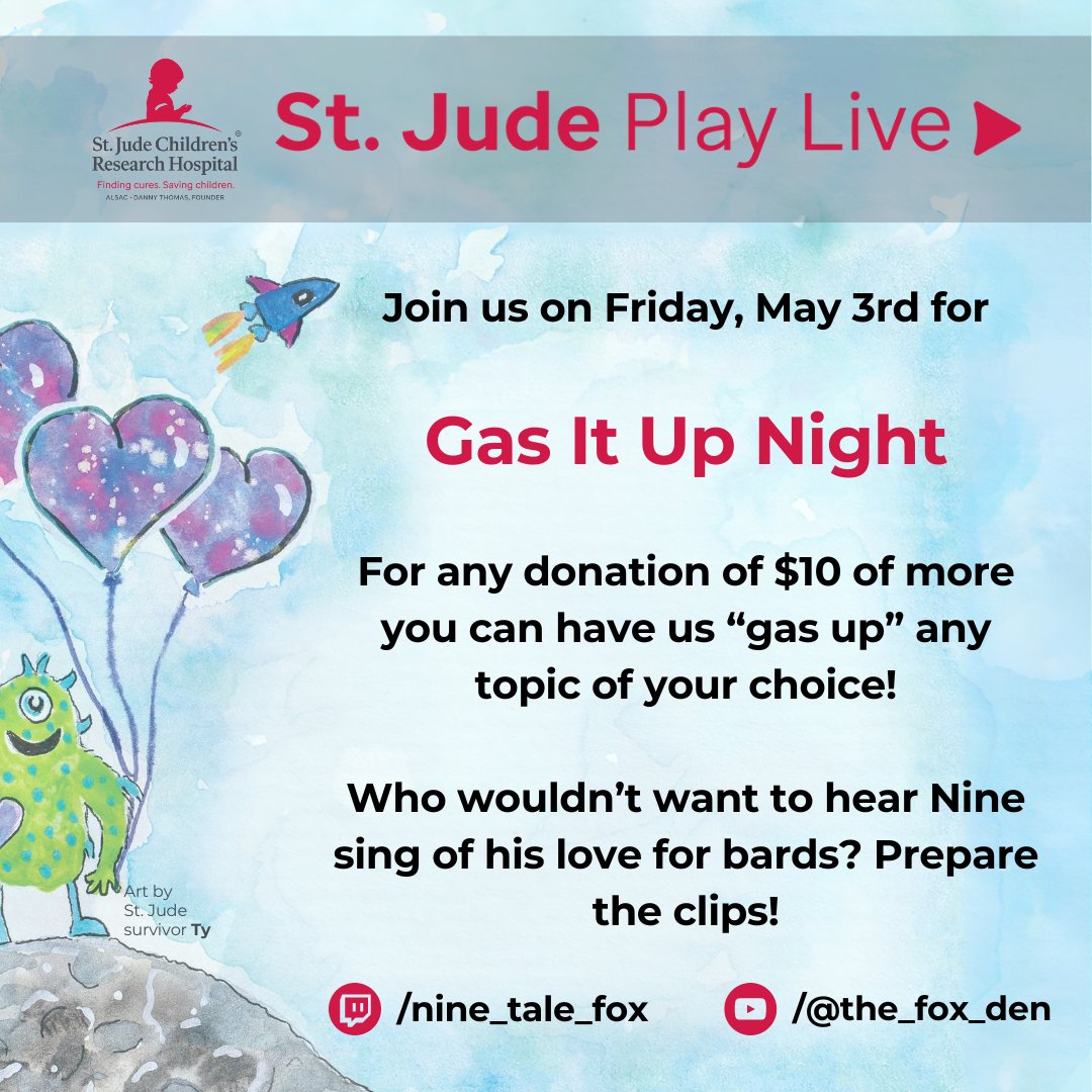 Tonight we are back with 'Gas It Up' night for @StJudePLAYLIVE! Come hang out with us, raise money #forthekids and clip your favorite blackmail. 

Remember...the internet is forever! 

Stream starts at 7:30 ET. See you there!