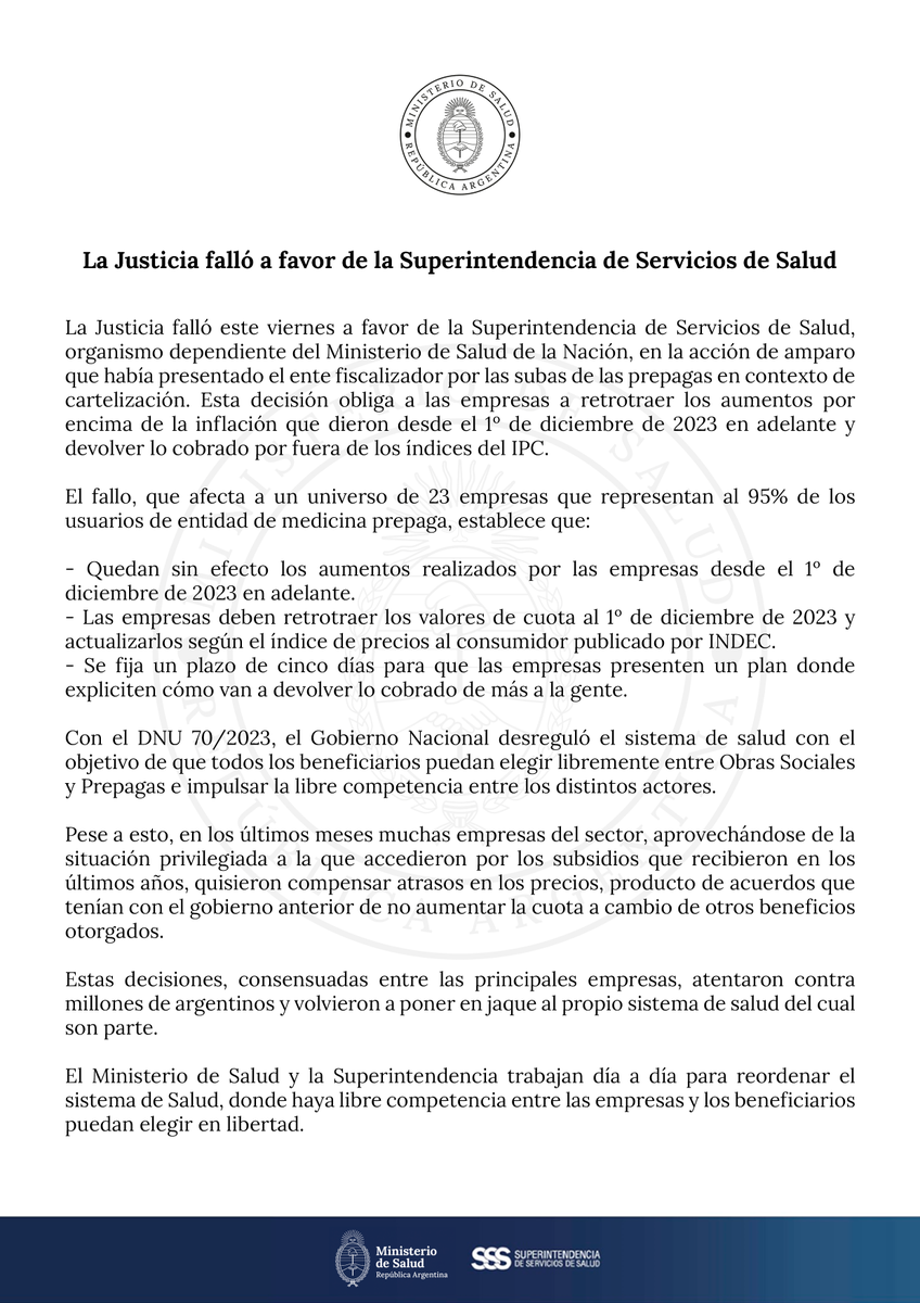 La Justicia falló a favor de la Superintendencia de Servicios de Salud 🔗 argentina.gob.ar/noticias/la-ju…