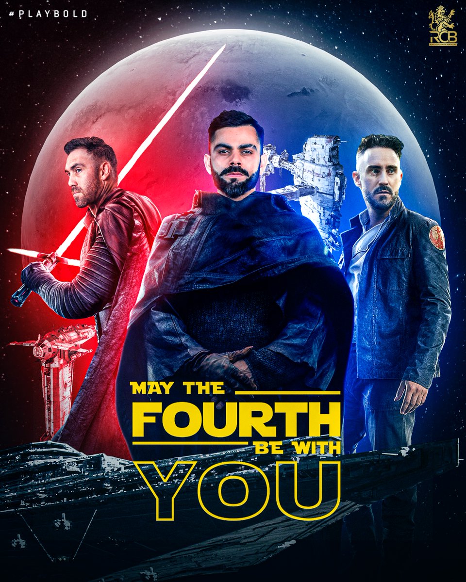 RCBTweets's tweet photo. Get ready, RCB Galaxy! 🌌

Tonight's the night to wield our cricket sabers and continue the rebellion. ⚔

#StarWars #Maythe4thBeWithYou #GTvRCB https://t.co/QmMHFLgdqd