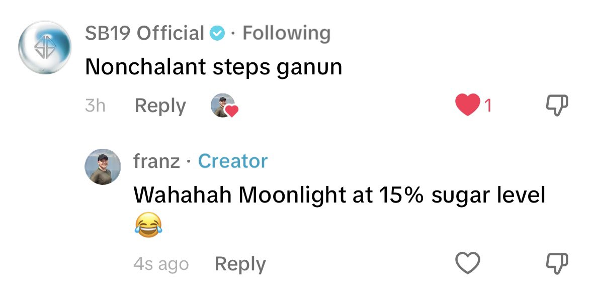 franzbellezas's tweet photo. Di ako sure kung mahihiya ako or matutuwa or both. @SB19Official just left a comment on my Tiktok video 🙈

Kung alam ko lang edi itinodo ko na yung sugar level ng performance ko! Ginawa ko na sanang 200% Wahaha

Stream #MOONLIGHTMVOutNow for fairer skin and good fortune!!! https://t.co/C4VgkBJxO0