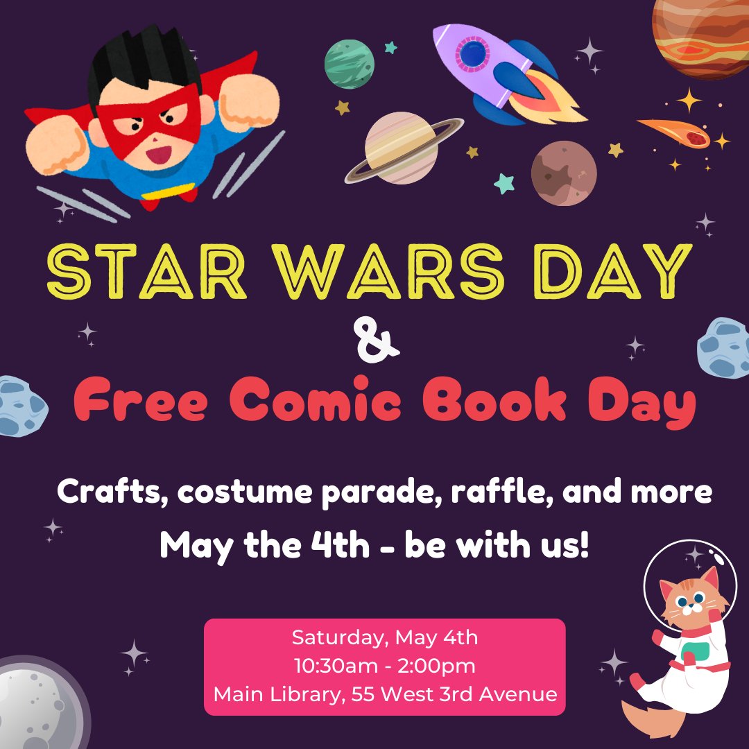 Zap! Pow! It's two events in one! Join us on Saturday for a May the 4th double feature, for Star Wars Day and Free Comic Book Day. Storytime, crafts, costume parade, raffle, games and more at the San Mateo Main Library, 10:30am-2:00pm. tinyurl.com/24t3yuuu