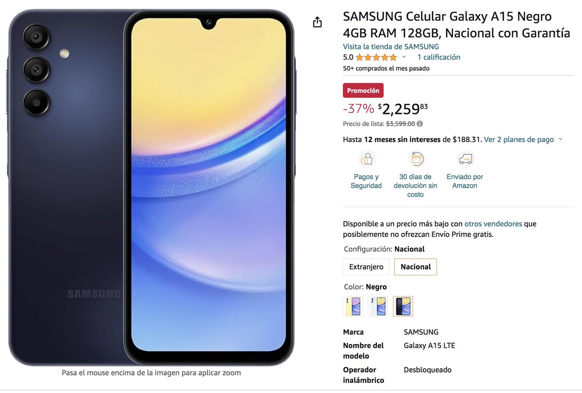 #Ofertas en #Amazon

SAMSUNG Celular Galaxy A15

Aquí: amzn.to/3UG9VNL

#OfertaEspecial #celular #Samsung #sale