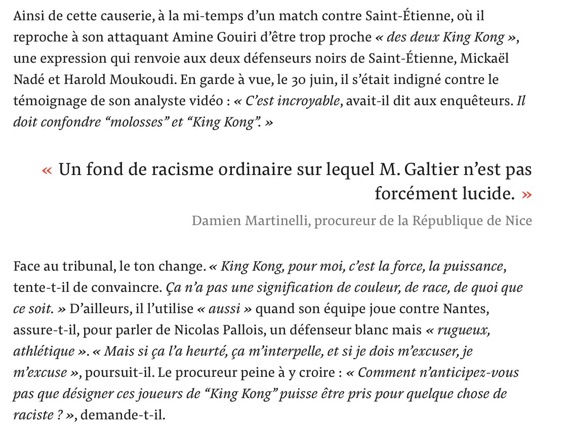 Opération réhabilitation de Christophe Galtier dans L'Équipe. Pour rappel, quelques extraits de ce qu'ont raconté à la police plusieurs membres de son staff et de son effectif. Les 'King Kong', les 'Algériens, les pires', l'obsession du ramadan...