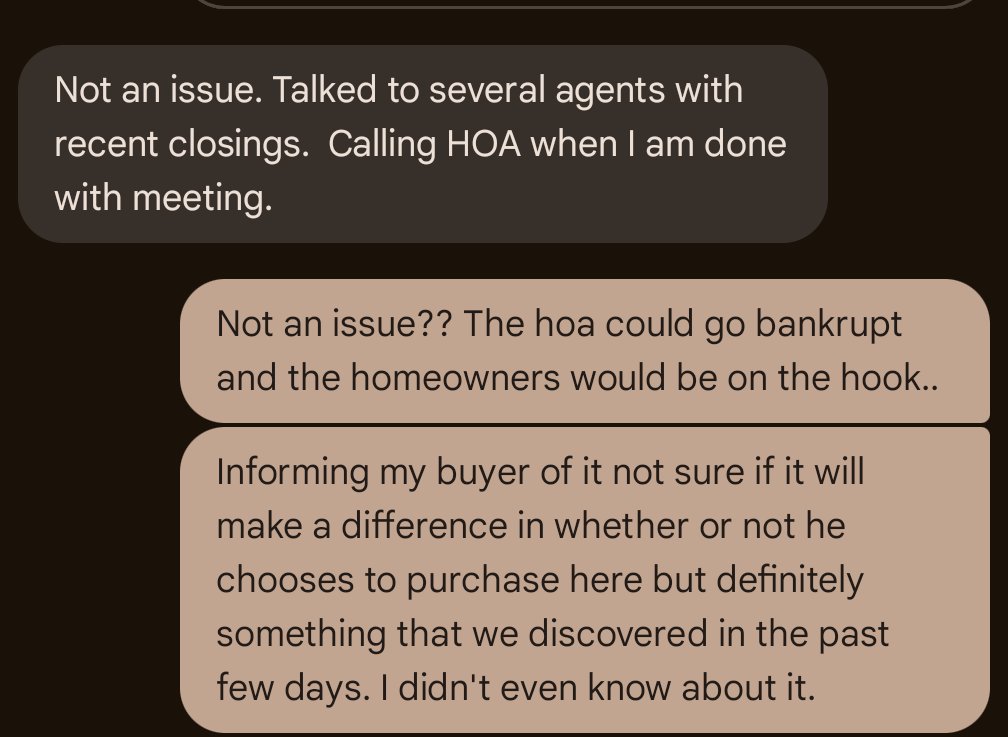 theryanmeeks's tweet photo. If buyers are depending on listing agents for representation, brokerages better prepare for more lawsuits. 

I found the HOA my buyer is looking to purchase is under litigation and could go BANKRUPT very easily with a $13.2M lawsuit. 

This was NOT disclosed by the HOA. https://t.co/uOUvjPuNKv