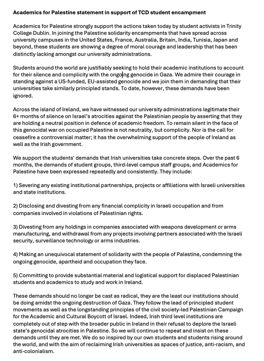 Academics for Palestine statement in support of TCD student encampment