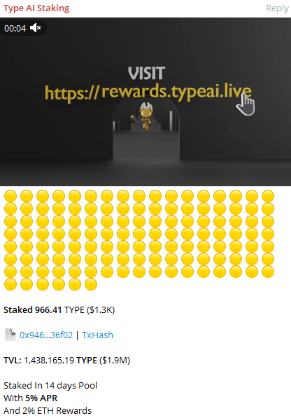 🤖 Meet the newest member of the Type AI family – our Staking Bot! 🚀

It keeps you in the loop with real-time notifications whenever someone stakes.

🔔 Stay connected. Stay informed. $Type